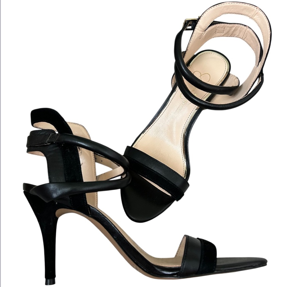 JESSICA SIMPSON Women’s Black Strappy Sandals Vegan Leather & Suede 4" Heel 8M